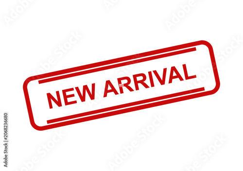 Red rectangular rubber stamp with the text new arrival angled on a white background for retail and shopping marketing isolated on transparent background