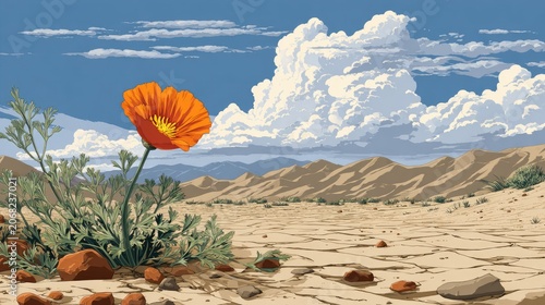 Single orange flower blooms in a vast, arid desert landscape under a cloudy sky