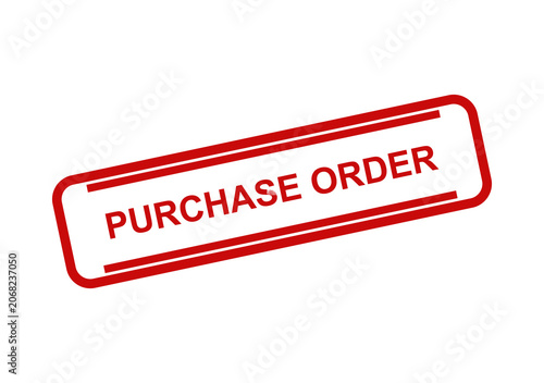 Red ink rubber stamp text reading purchase order tilted at an angle for business documents and office paperwork usage isolated on transparent background