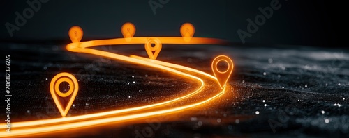 Glowing orange route with location pins on a textured dark surface, bokeh
