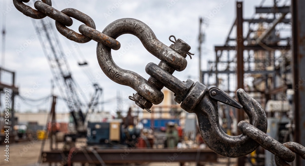 Naklejka premium Close-up of industrial rigging hardware — chain, shackle, hook detail