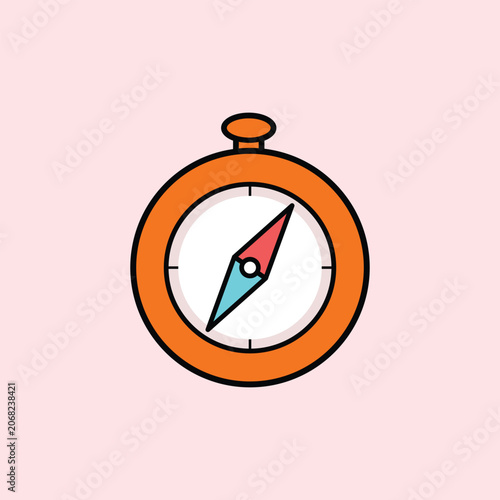 Simple hand drawn icon of an orange magnetic pocket compass with needle. Minimalist orientation element for outdoor travel adventure logo, geography explorer guide sticker, and navigation card.