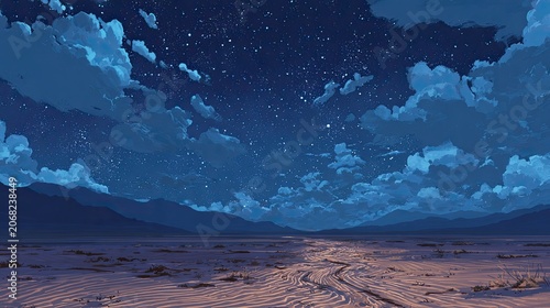 Vast, serene desert landscape under a starry, cloudy night sky