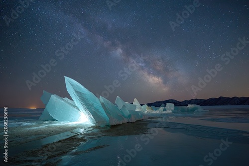 Illuminated ice shards jut from frozen surface under starry night sky