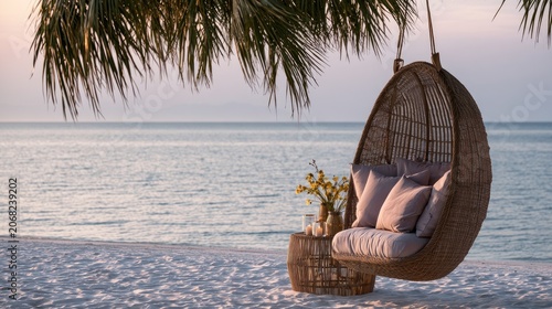 Relaxing woven chair hangs from palm, beach serenity at sunset