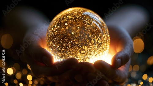 Glistening orb filled with golden flecks held gently in cupped hands