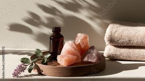 Tranquil spa setup with essential oil, crystals, plant sprig, and soft towels