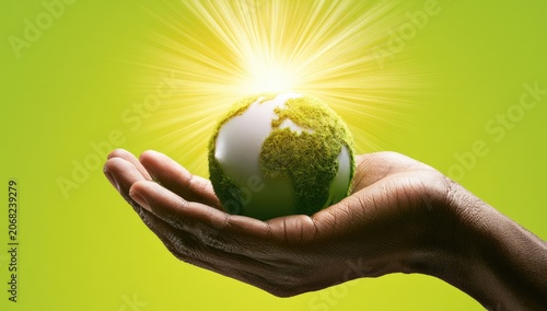 Hand cradles lush green earth with radiant light emanating from above