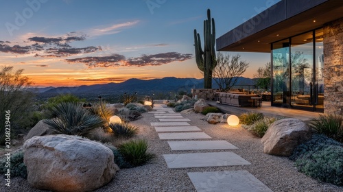 Modern desert home with illuminated pathway and sunset sky