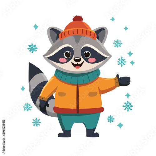 Cartoon raccoon in winter clothes with snowflakes