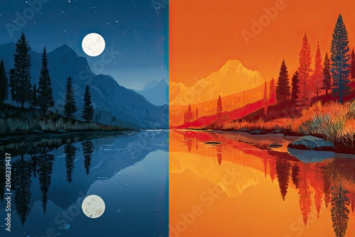 Split scene of serene lake reflecting mountains at day and night