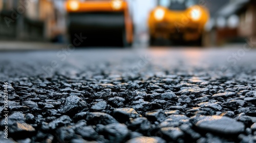 Close-up of wet asphalt with two blurred road rollers in the background