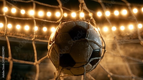 Soccer ball scores goal, caught in net with stadium lights in background