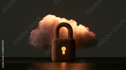 Illuminated padlock protecting a glowing cloud against a dark background