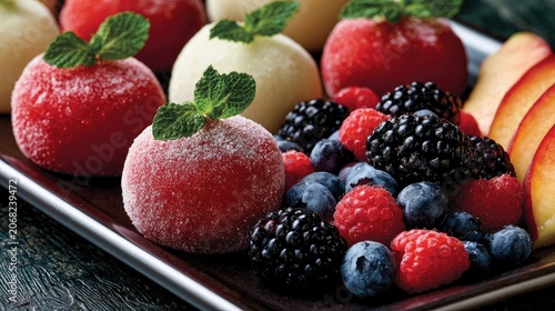 Sweet spherical desserts topped with mint and berries