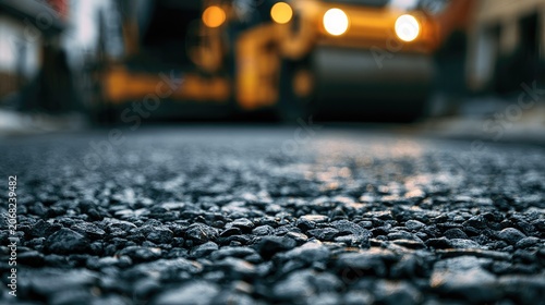 Close up of fresh asphalt being smoothed by a heavy roller with blurred yellow lights