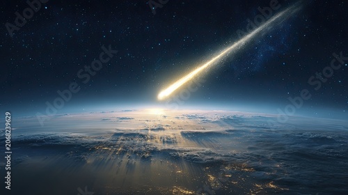 Streaking celestial object illuminates earth's atmosphere above clouds at sunrise
