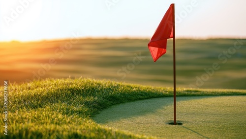 Sunlit golf course with green flag on a rolling fairway at dawn