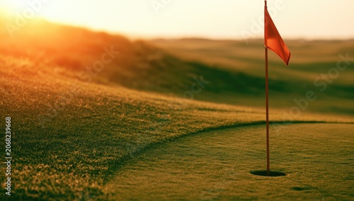 Golden hour illuminates a golf course with a red flag marking the hole