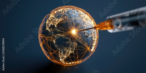 A syringe injects a glowing solution into a digitally rendered Earth