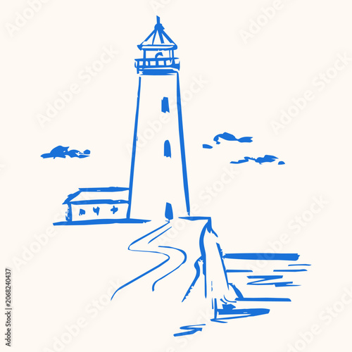 Hand Drawn Blue Lighthouse Sketch on Coastal Seascape Background