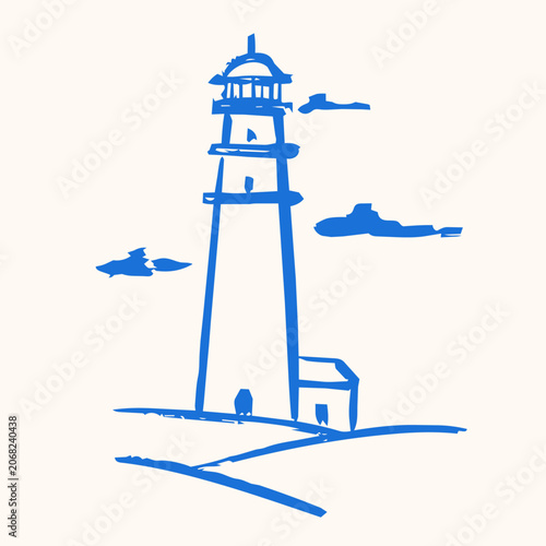 Hand Drawn Blue Lighthouse Sketch on Coastal Seascape Background