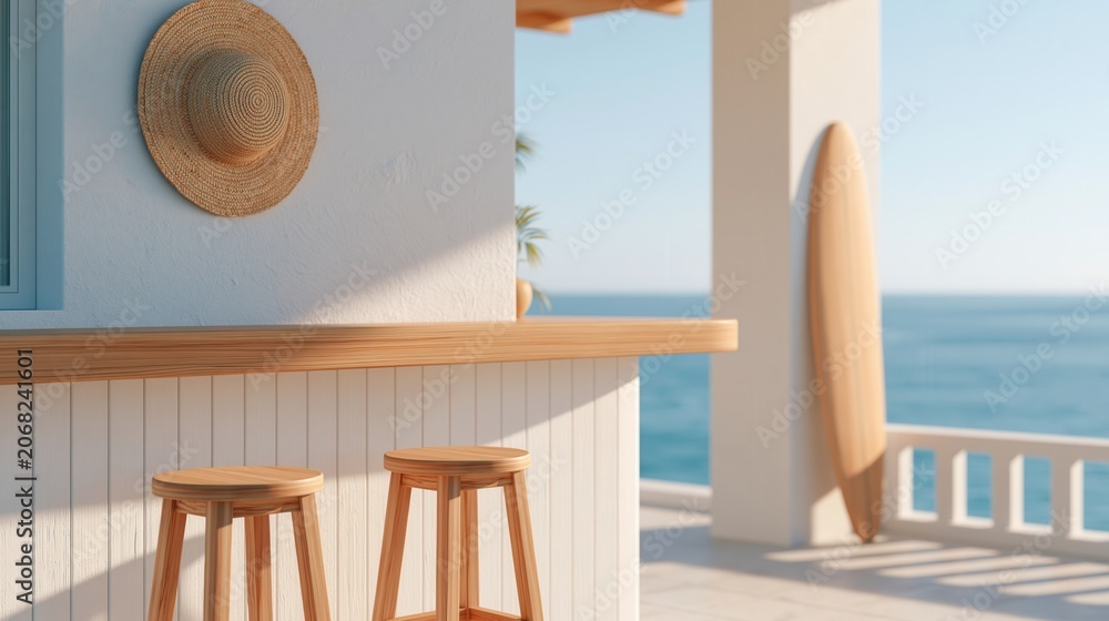 Fototapeta premium Minimalist resort style seaside cafe with white walls wooden counter stools straw hat and surfboard