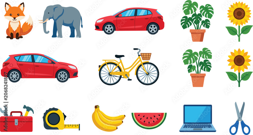 Naklejka premium Creative vector icon collection featuring wild animals, modern transport, potted plants, sunflowers, hardware tools, fresh fruits and office electronics isolated on white background