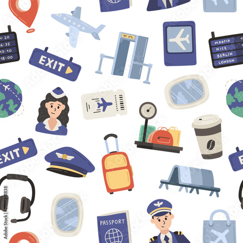 Airport travel seamless pattern set featuring stewardess passport suitcase headset airplane pilot ticket cap bench porthole baggage scale exit sign