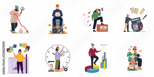 Collection of business and technology illustrations depicting data analysis, marketing, operations, finance, and company culture for startup management.