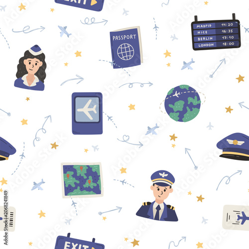 Airport travel seamless pattern set featuring stewardess passport globe pilot map airplane flight board exit sign ticket cap marker scanner