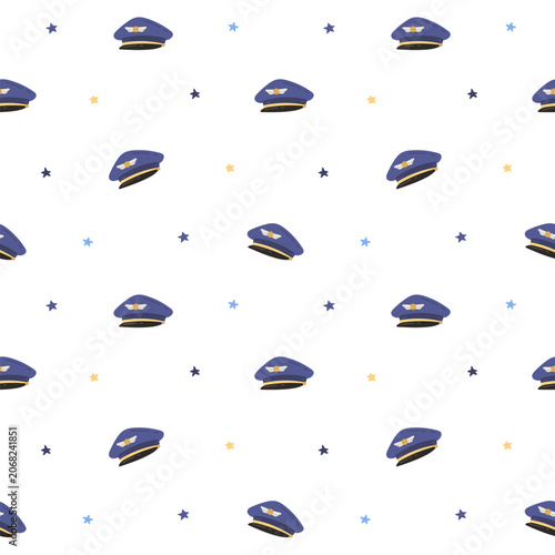 Airport travel seamless pattern set featuring cap star flight pilot aviation airline uniform airplane visor insignia wing route hat emblem