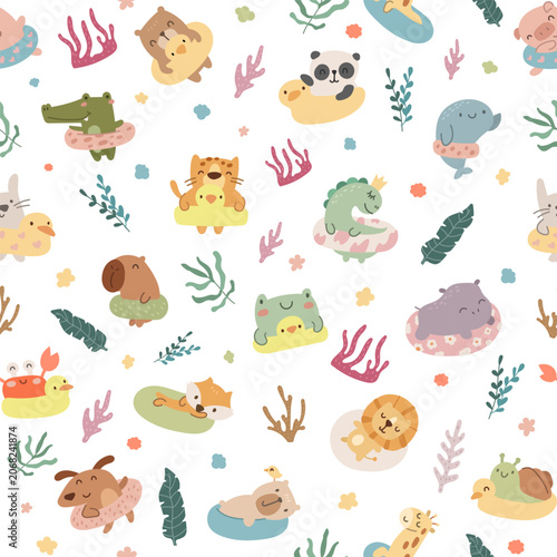 Animal summer beach seamless pattern set featuring crocodile fox frog giraffe capybara panda whale bear rabbit lion snail seaweed dog