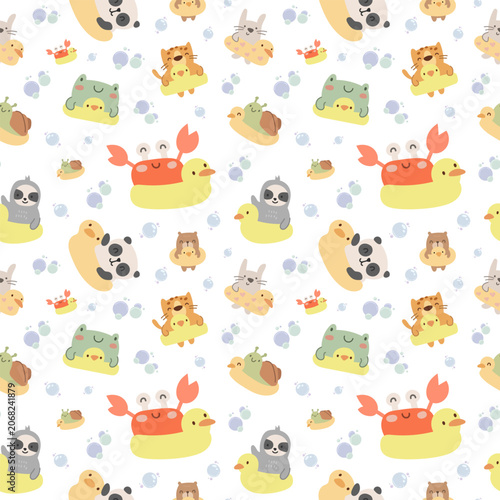 Animal summer beach seamless pattern set featuring frog crab panda sloth rabbit snail bear bubbles duck float vacation leopard pool
