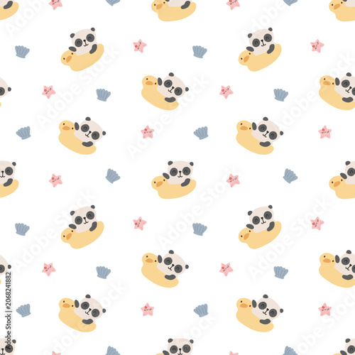 Animal summer beach seamless pattern set featuring panda duck shell starfish float ocean vacation water character pool seaside bubbles ring