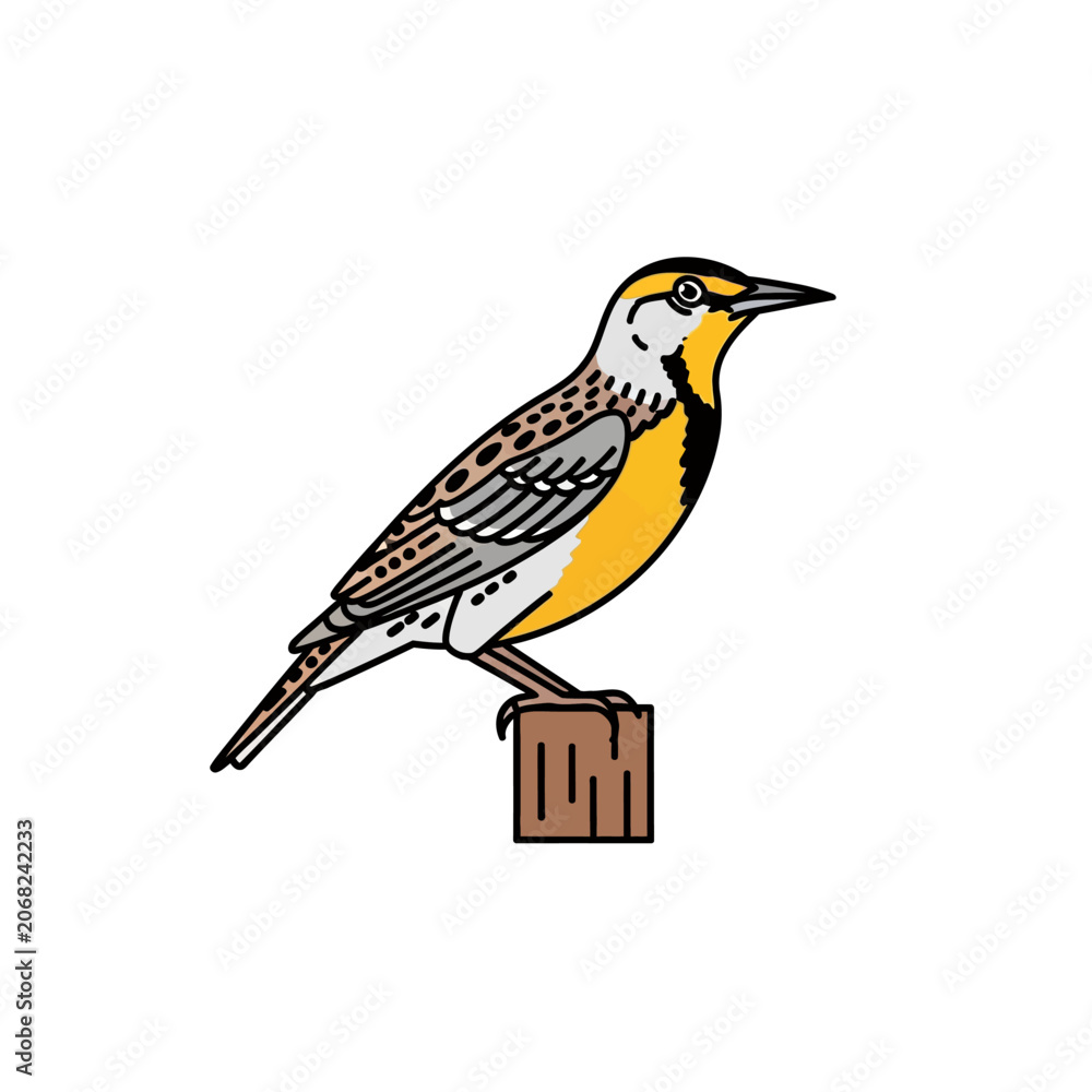 Fototapeta premium Vector illustration of a meadowlark bird perched on a wooden post isolated on white background.