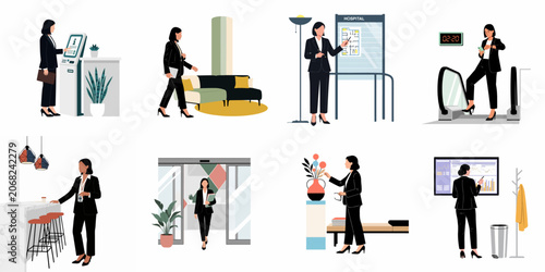 Foto Set of flat illustrations featuring a businesswoman navigating through various daily professional scenarios such as the office, hospital, and public spaces