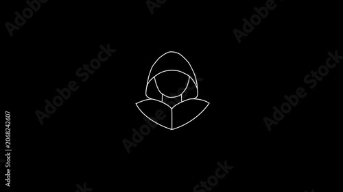 Minimalist white outline of a hooded figure on a black background icon symbol