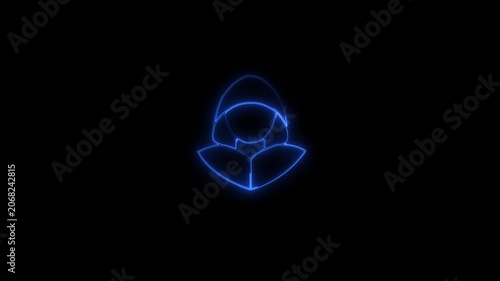 Blue neon outline of a hooded figure glowing on a black background icon symbol