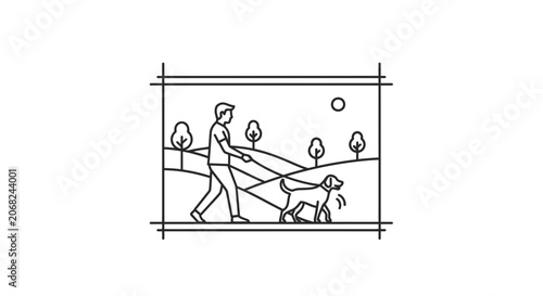 Man walking dog in park, line art illustration, outdoor leisure, sunny day