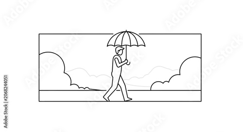 Man walking with umbrella on a cloudy day, simple line art illustration