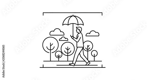 Man Walking with Umbrella in Park, Line Art Illustration