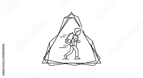 Man with Backpack Hiking Through Geometric Mountain Frame, Adventure Concept
