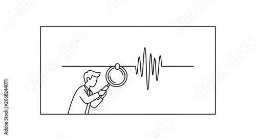 Man with Magnifying Glass Examines Sound Wave on Line Graph, Analyzing Data
