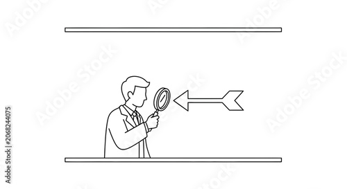 Man with Magnifying Glass Examining Arrow in Abstract Space