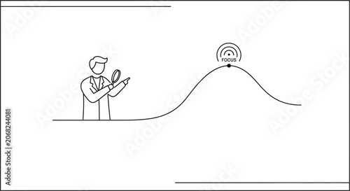 Man with magnifying glass on wavy line, aiming for focus target