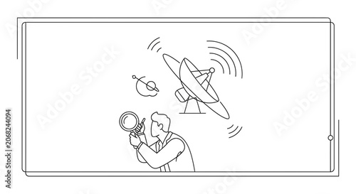 Man with magnifying glass near satellite dish, concept of research, technology, and communication