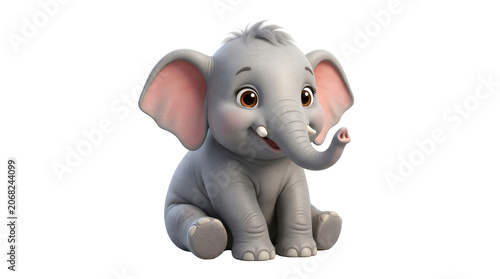 A cute cartoon elephant sitting and smiling on a white background