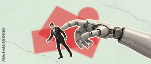 A robotic hand is capturing a businessman in a symbolic depiction of automation and its impact on employment.