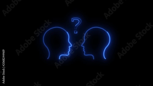 Two Neon Blue Silhouettes of Heads Facing Each Other with a Question Mark faces profile
